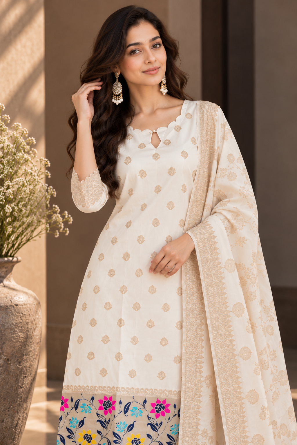Elegant Ivory Gold Floral Printed Kurta Set with Dupatta for Women