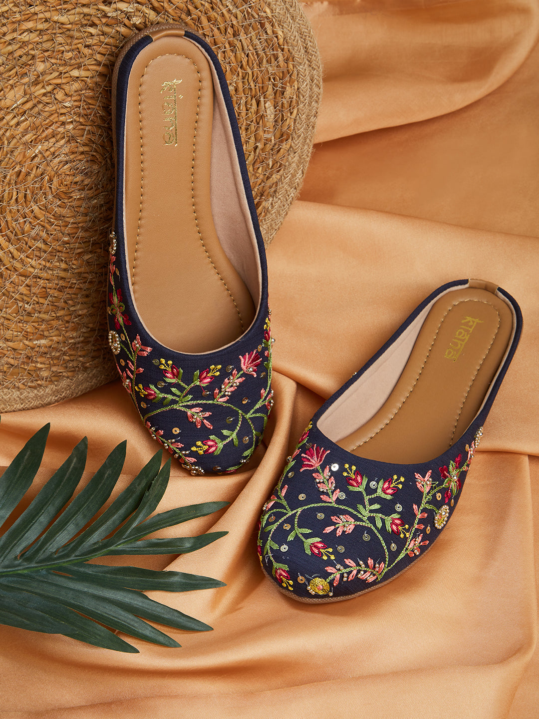 Stylish Women's Round Toe Shoes in Blue with Embroidered & Handwork