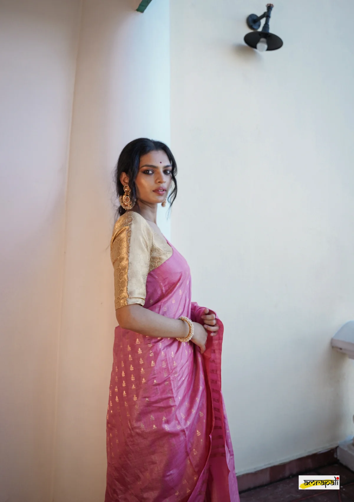 Women's Rose Pink Silk Blend Saree with Golden Woven Motifs & Designer Tassel Pallu