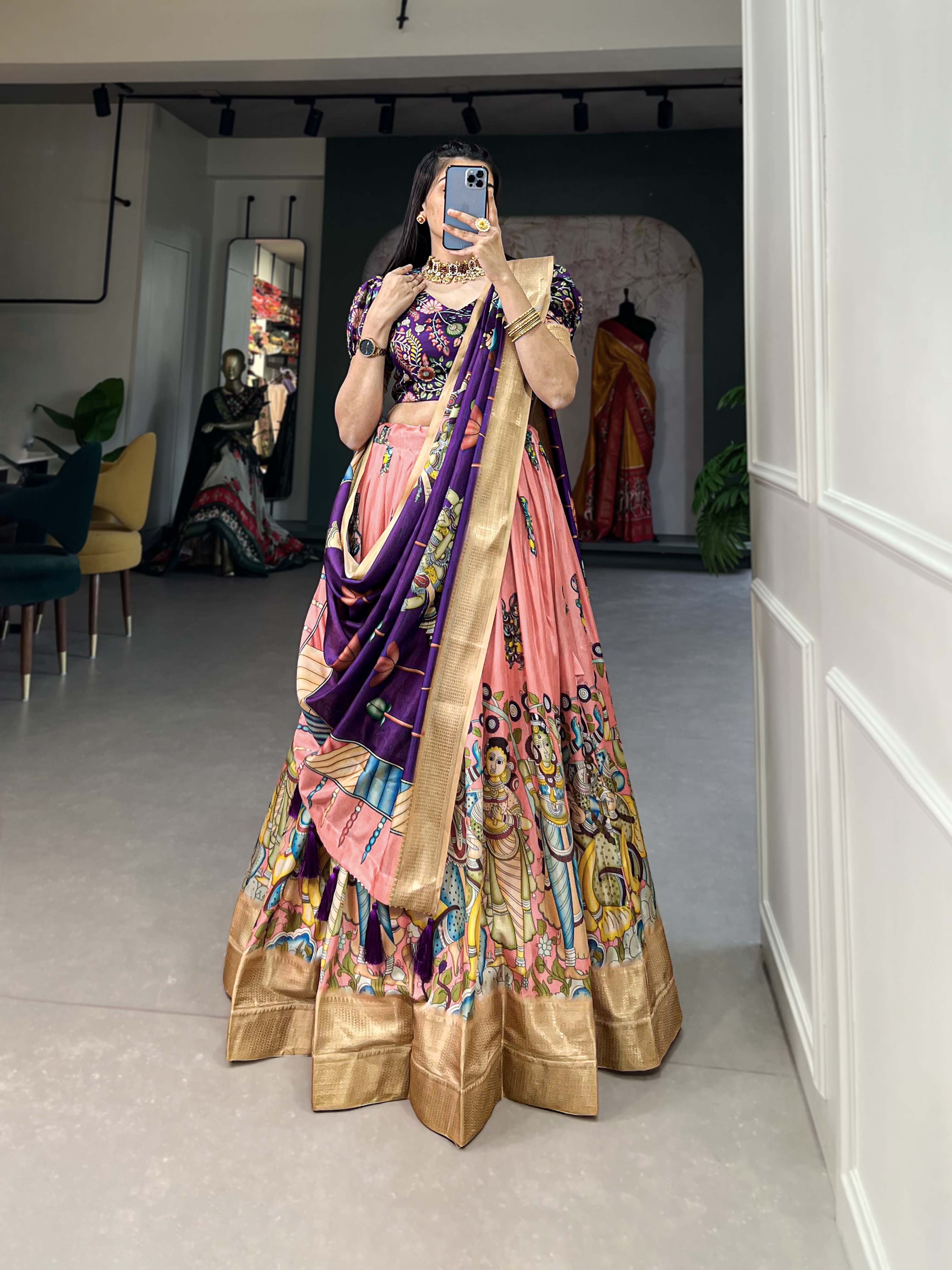 Impressive peach Kalamkari Printed Dola Silk Traditional Lehenga Choli