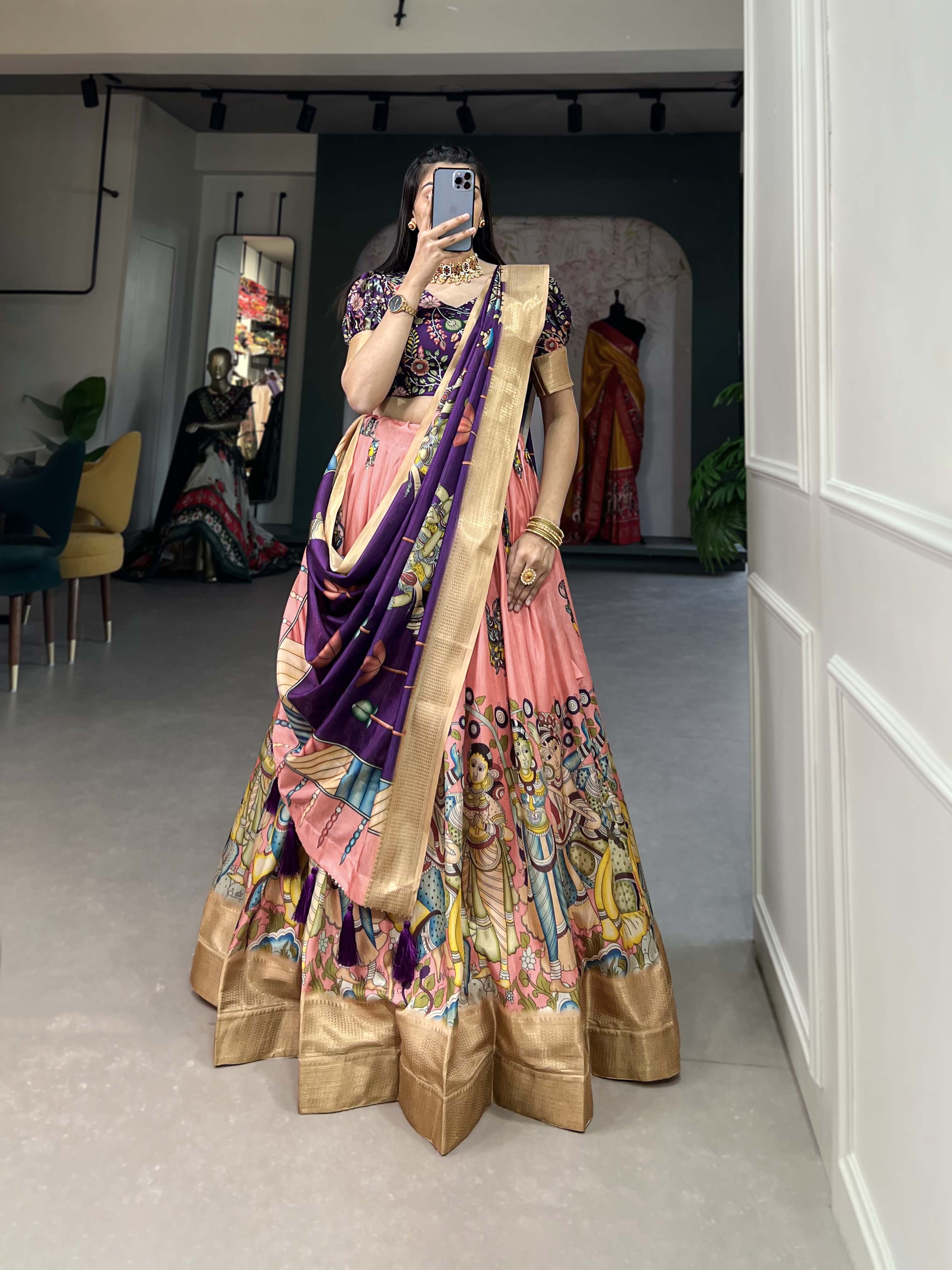 Impressive peach Kalamkari Printed Dola Silk Traditional Lehenga Choli