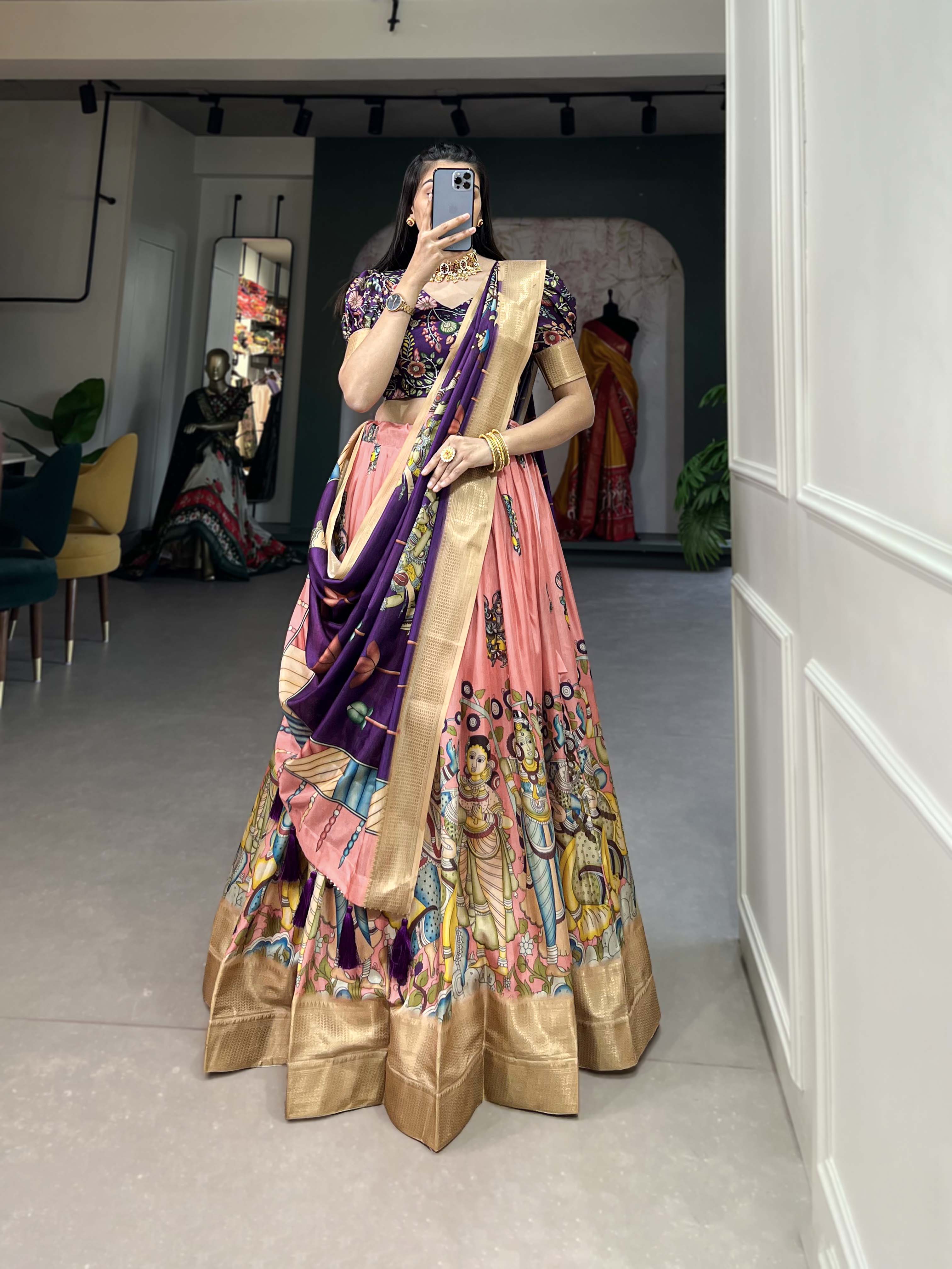 Impressive peach Kalamkari Printed Dola Silk Traditional Lehenga Choli