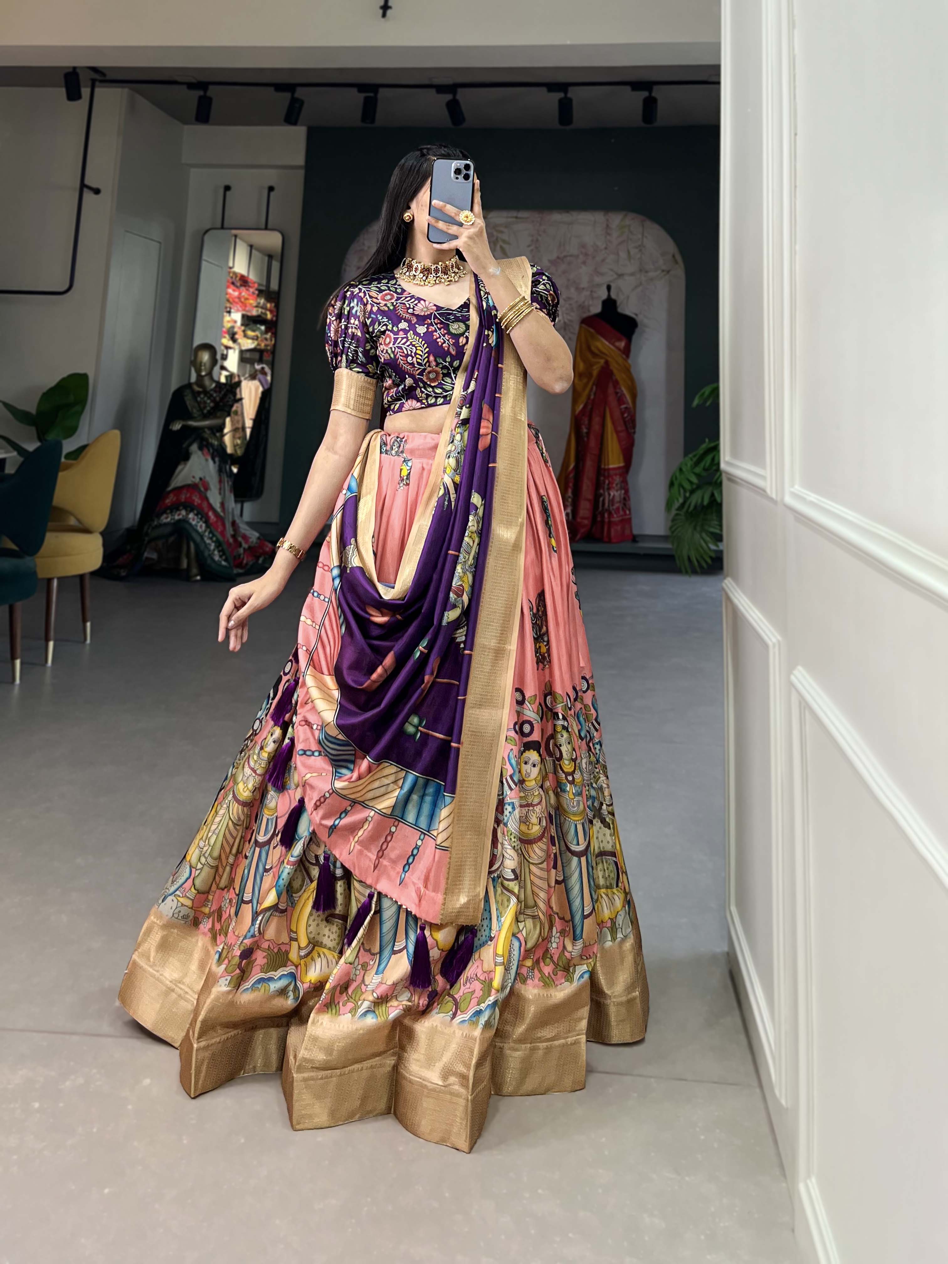 Impressive peach Kalamkari Printed Dola Silk Traditional Lehenga Choli