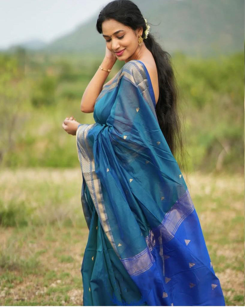 Teal Blue Kanjivaram Silk Saree with Royal Blue Zari Border