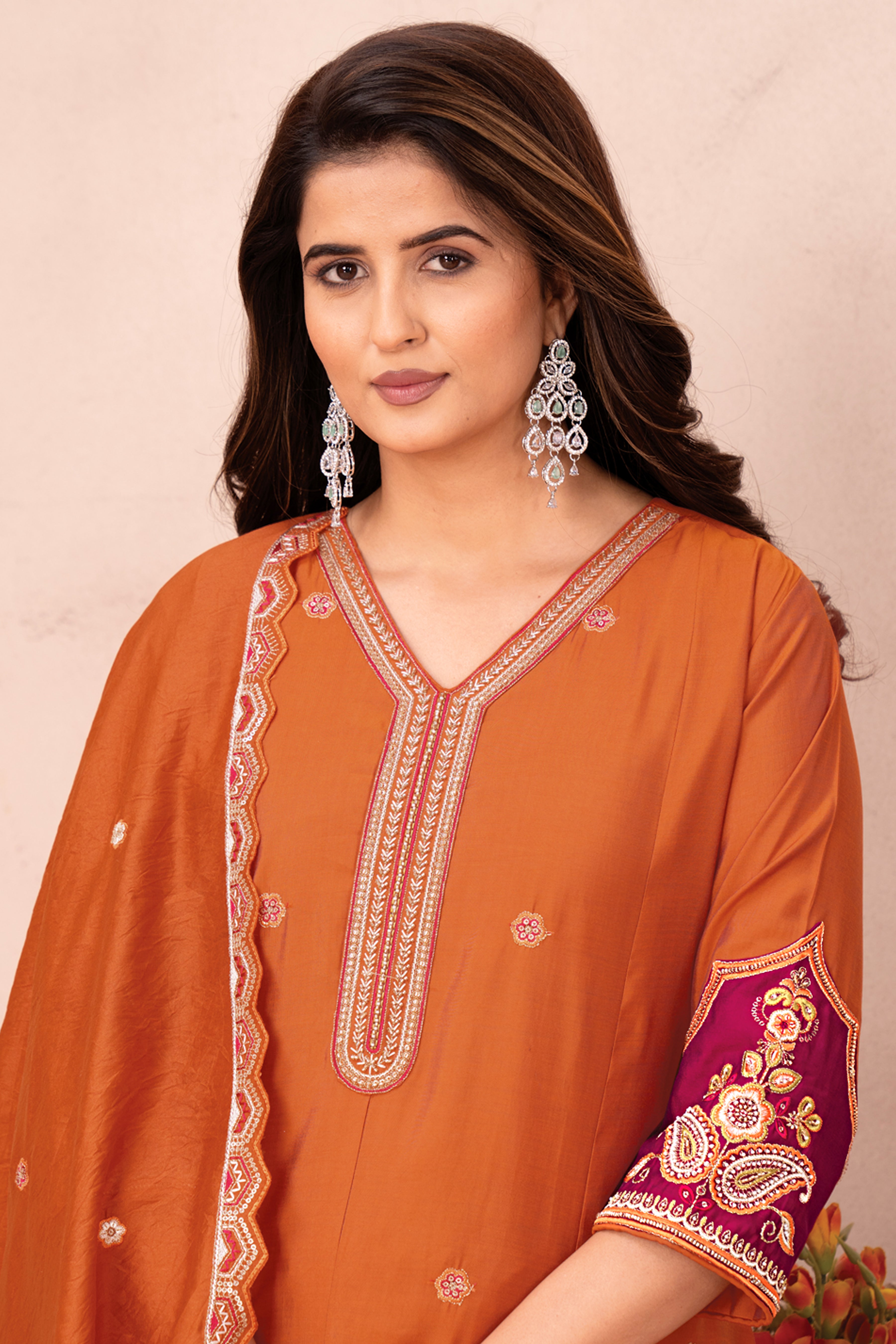 Rust Orange Embroidered Viscose Suit Set with Printed Dupatta