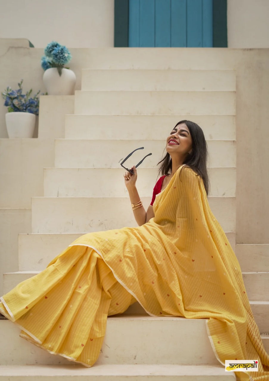Women's Elegant Yellow Striped Saree with Contrast Red Blouse