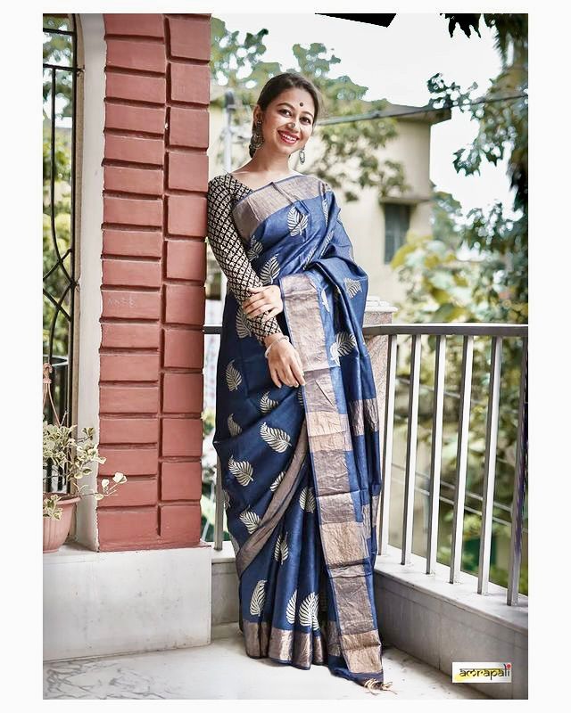 Women's Charcoal Blue Silk Saree with Golden Leaf Motifs
