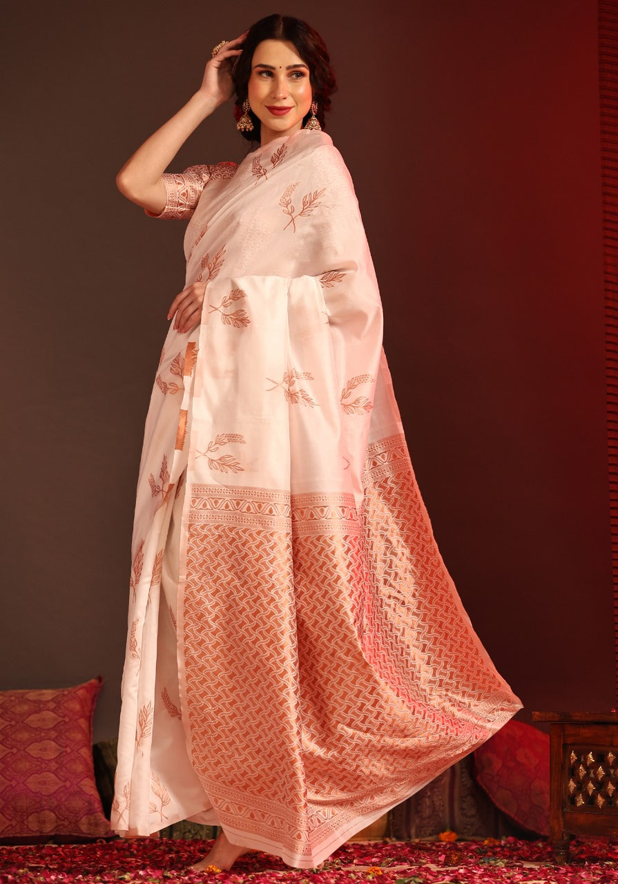 Elegant Off-White Floral Print Saree with Peach Woven Border