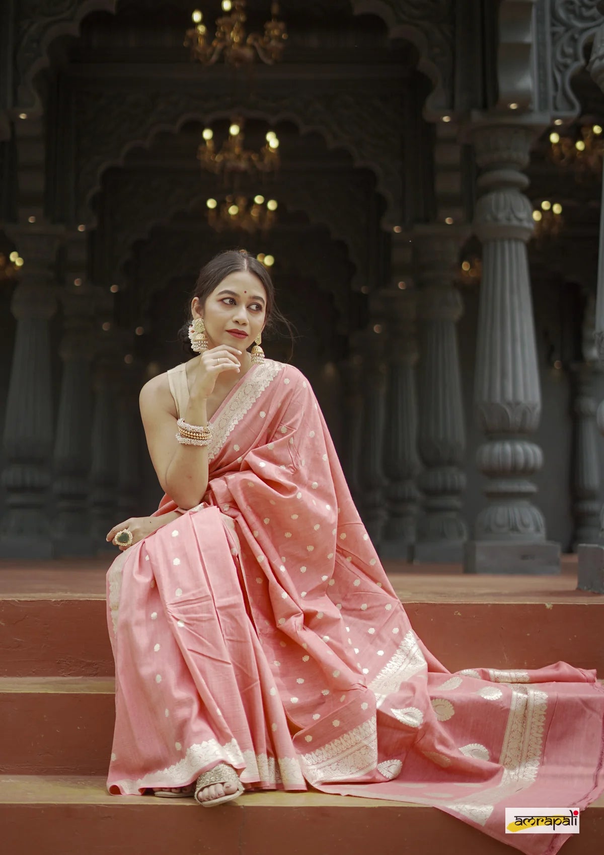 Women's Blush Pink Silk Saree with Golden Zari Border