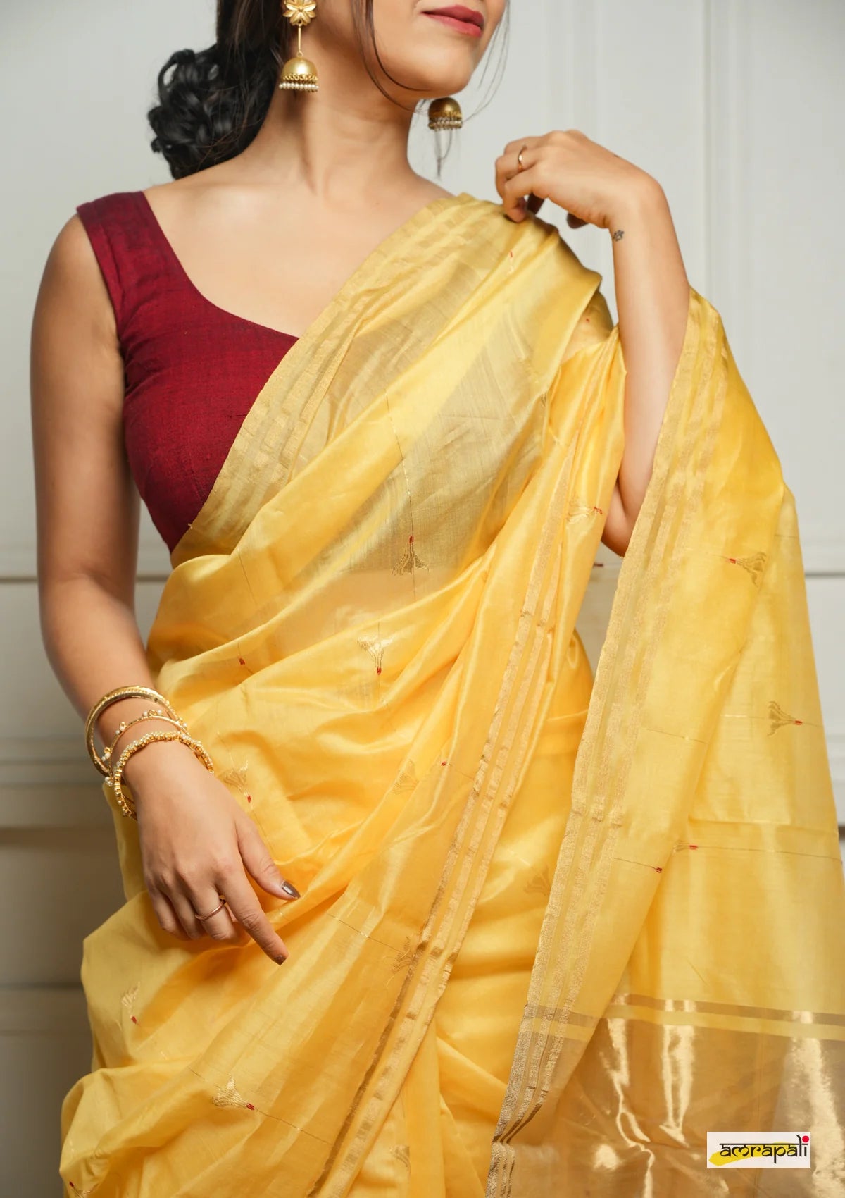 Women's Yellow Organza Saree with Golden Border