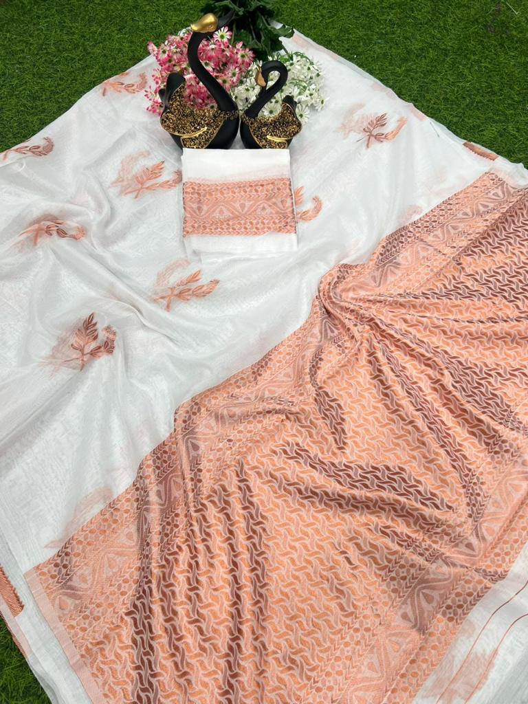 Elegant Off-White Floral Print Saree with Peach Woven Border