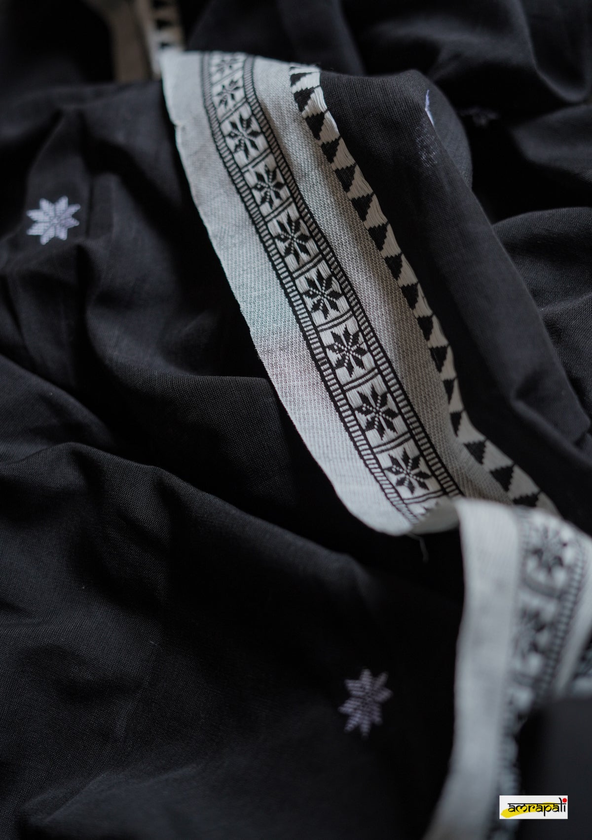 Women's Black Saree with White Traditional Border