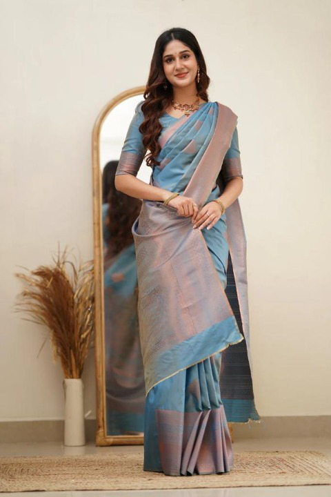 Women's Blue Silk Blend Saree with Elegant Solid Weave & Designer Border