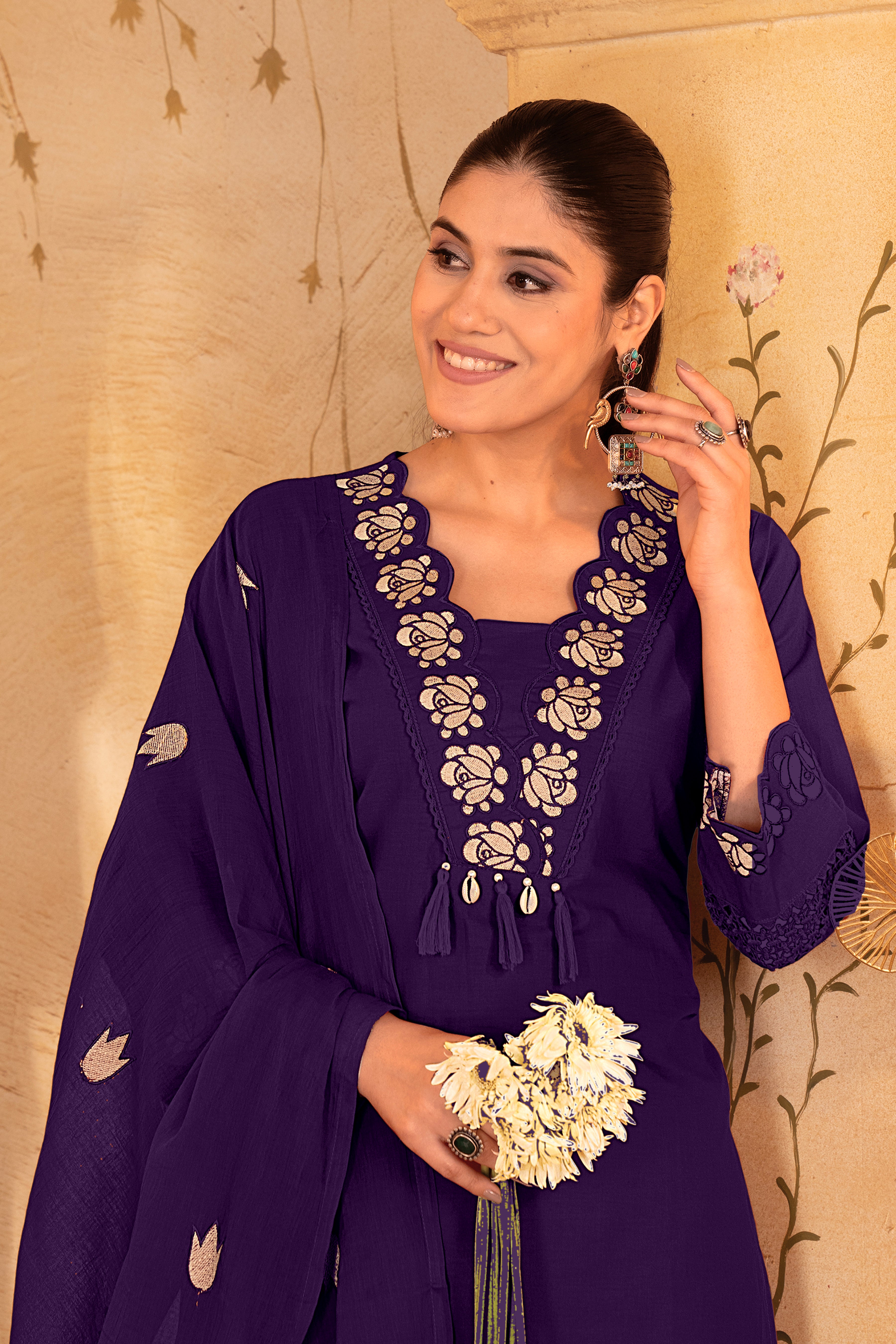 Purple Embroidered Straight Kurta Set with Matching Dupatta