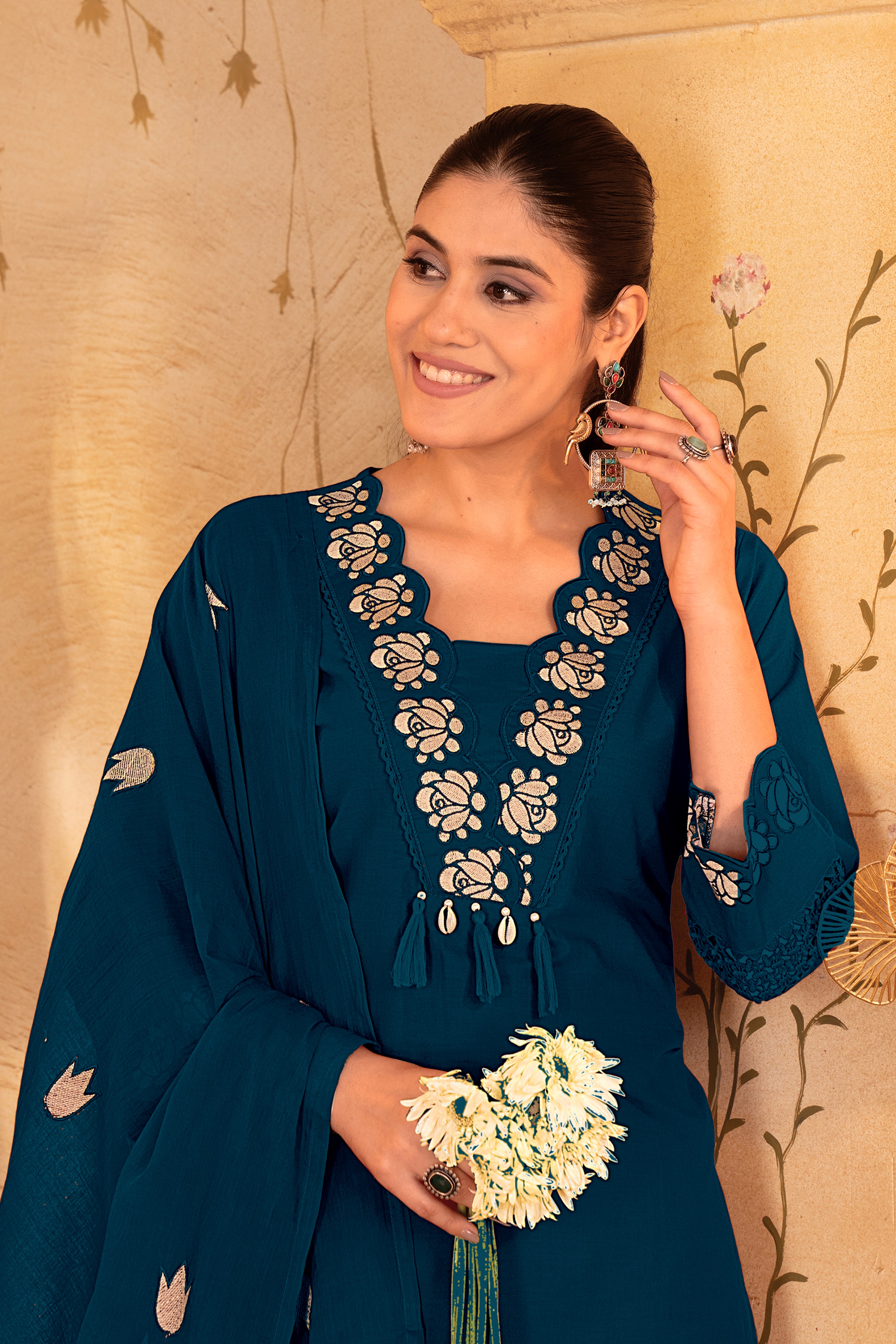 Teal Blue Embroidered Straight Kurta Set with Matching Dupatta
