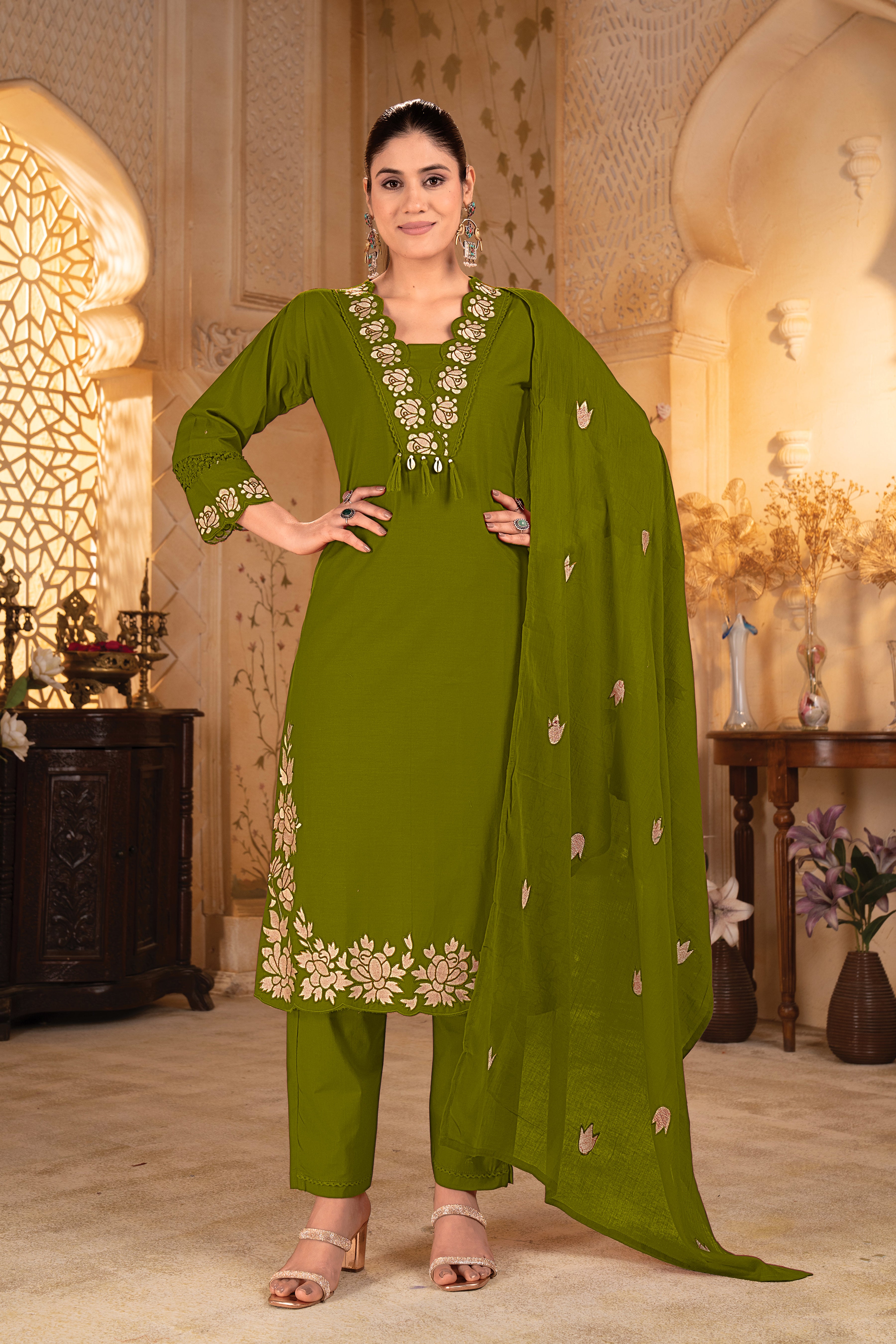 Green Embroidered Straight Kurta Set with Matching Dupatta