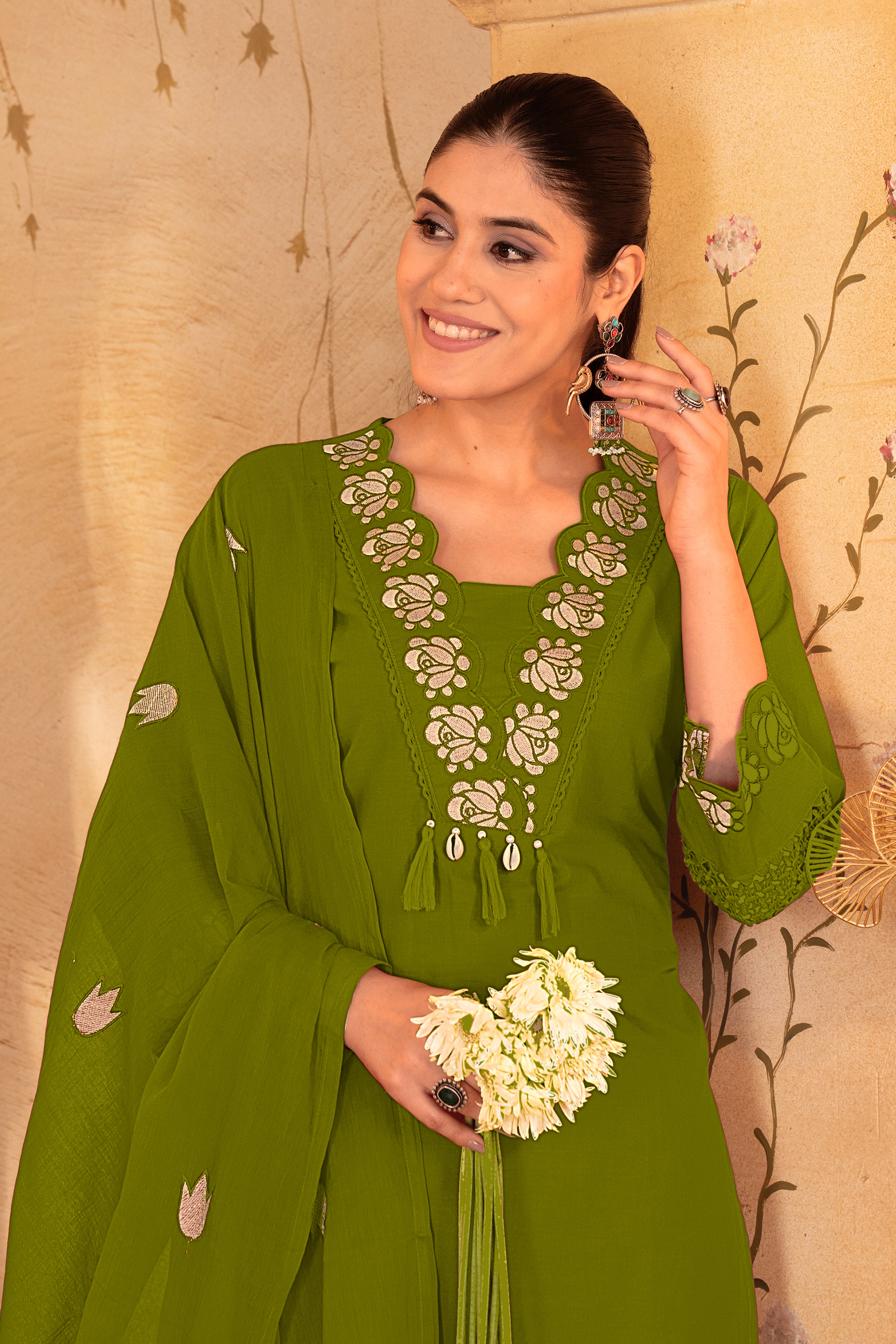 Green Embroidered Straight Kurta Set with Matching Dupatta