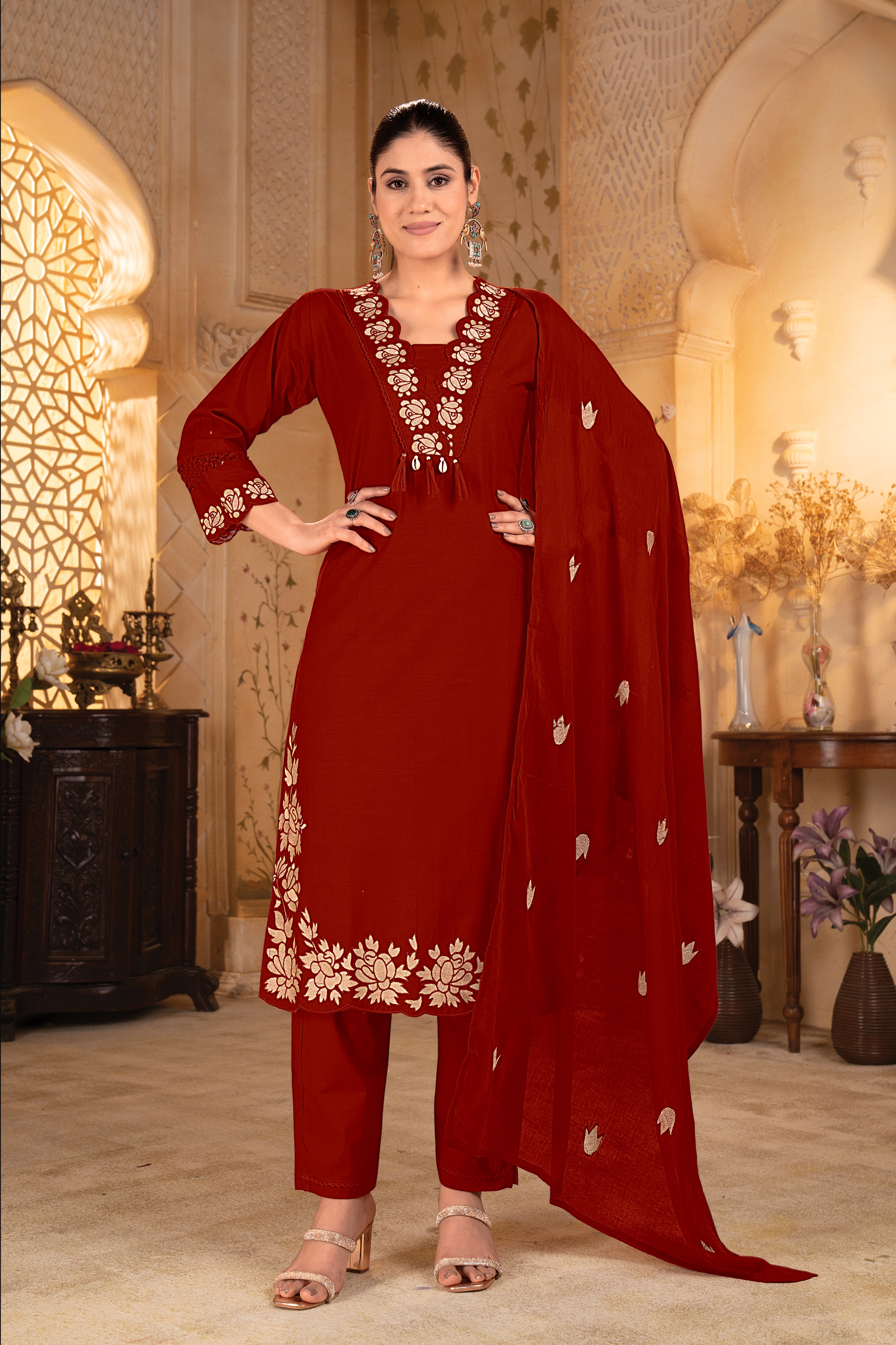 Red Embroidered Straight Kurta Set with Matching Dupatta