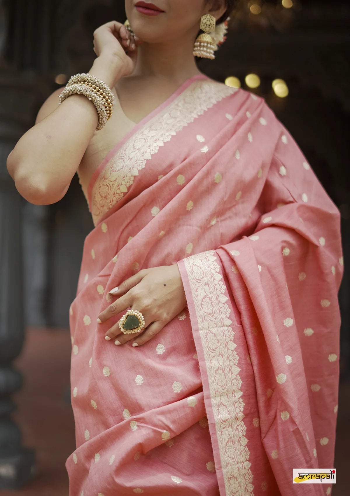 Women's Blush Pink Silk Saree with Golden Zari Border