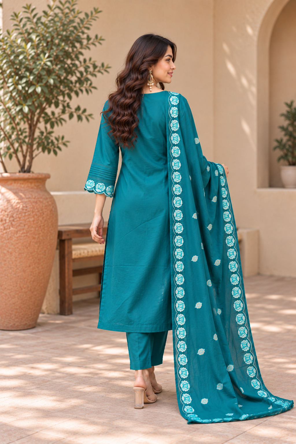 Teal Floral Embroidered Straight Kurta Set with Dupatta