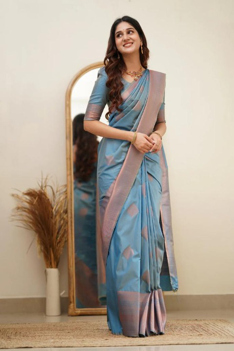 Women's Blue Silk Blend Saree with Elegant Solid Weave & Designer Border