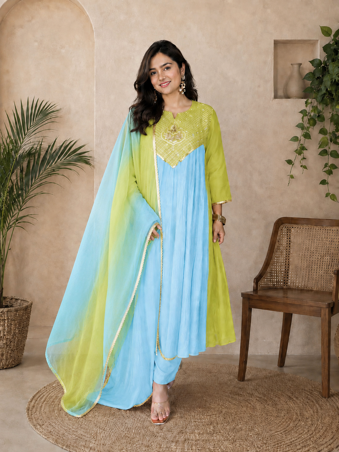 Sky Blue & Lime Green Embroidered Kurta Set with Dupatta for Women