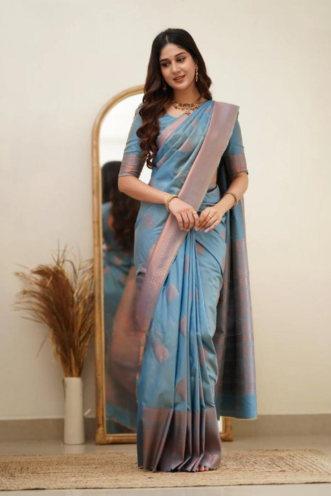 Women's Blue Silk Blend Saree with Elegant Solid Weave & Designer Border