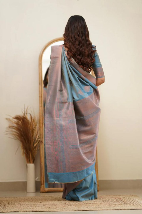 Women's Blue Silk Blend Saree with Elegant Solid Weave & Designer Border