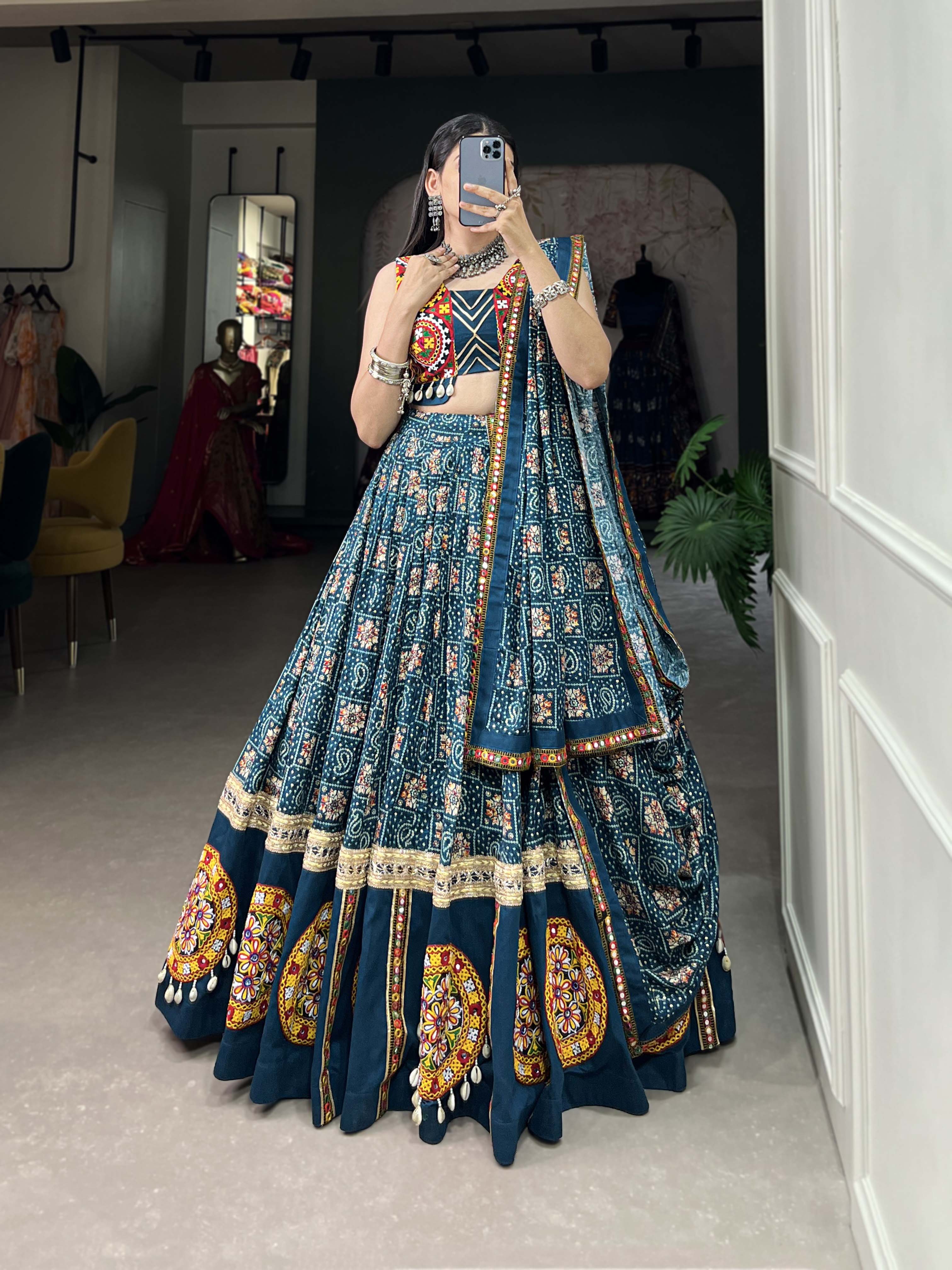 Breathtaking Blue Bandhani Printed Rayon Navratri Lehenga Choli