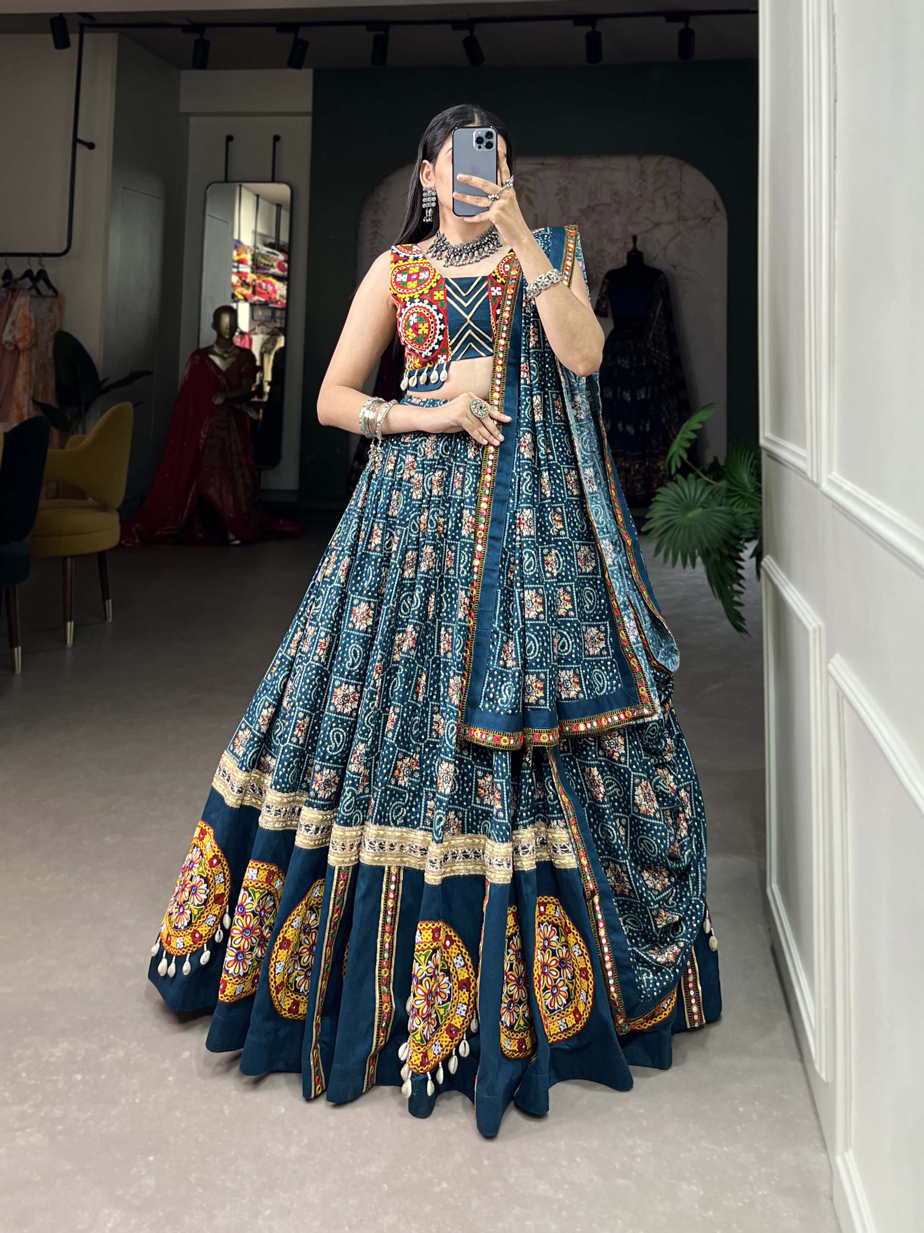 Breathtaking Blue Bandhani Printed Rayon Navratri Lehenga Choli