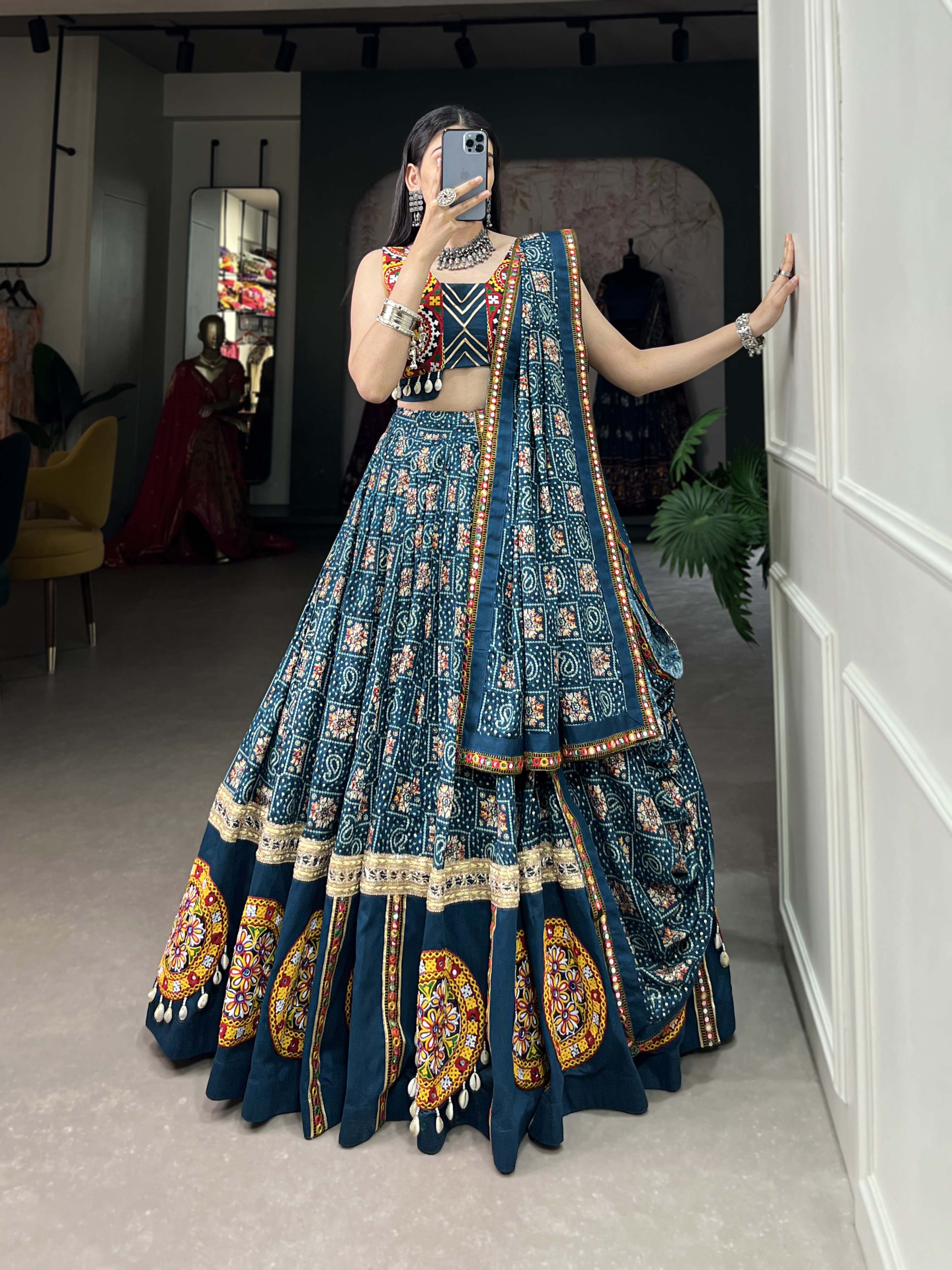Breathtaking Blue Bandhani Printed Rayon Navratri Lehenga Choli