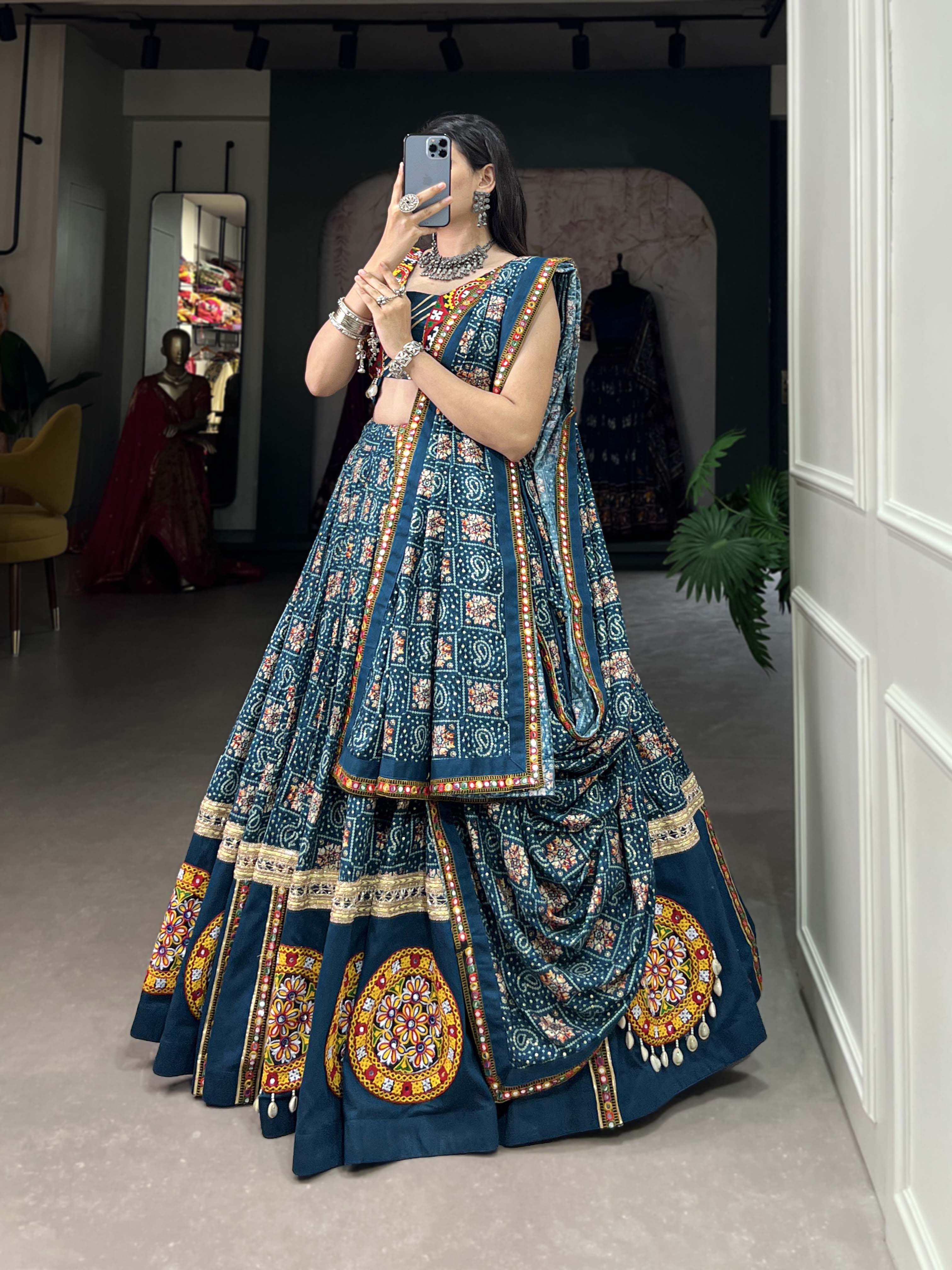 Breathtaking Blue Bandhani Printed Rayon Navratri Lehenga Choli