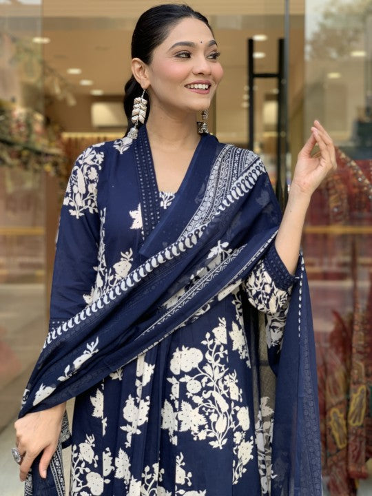 New Printed Kurta Pant Set Blue