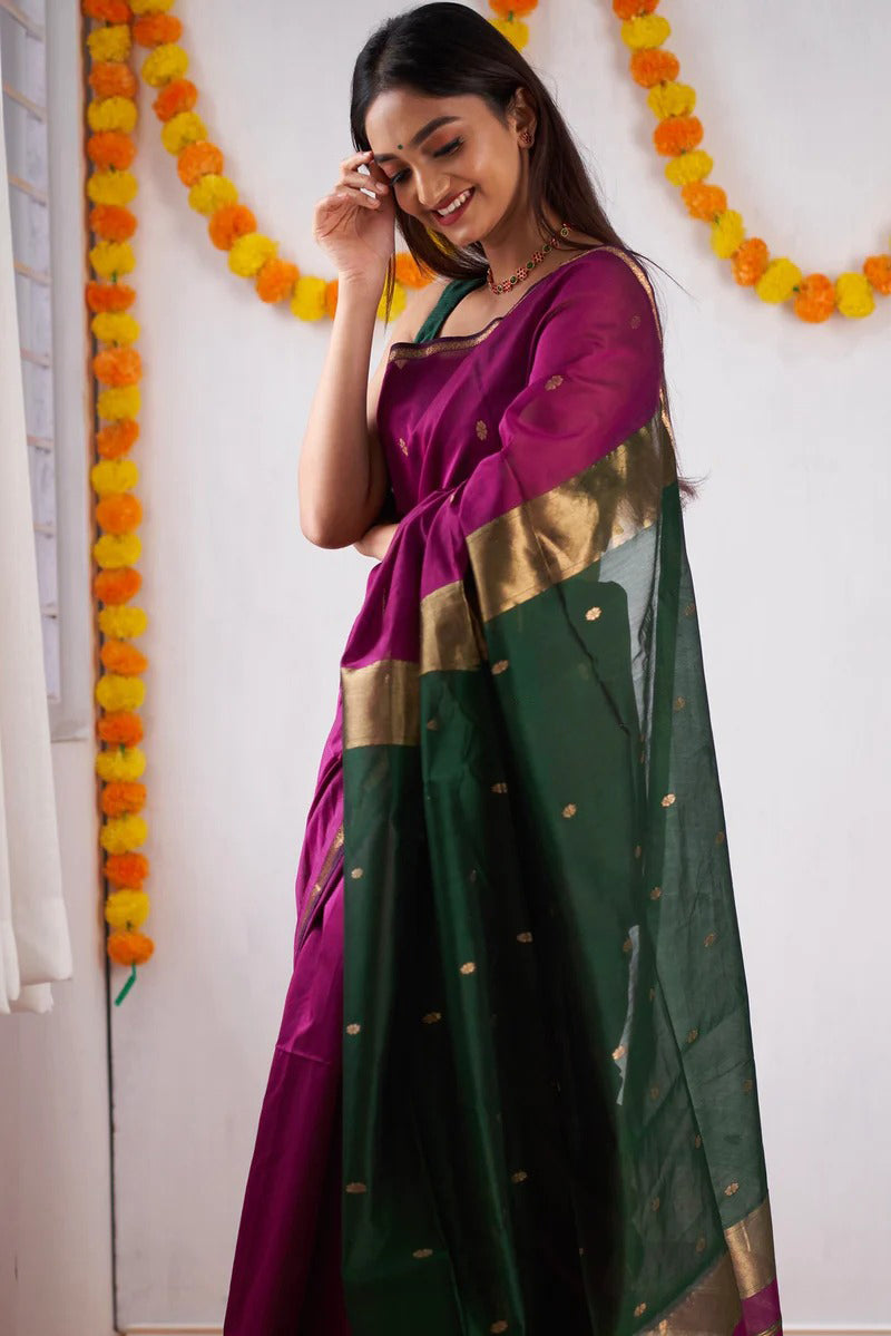 Innovative Dark Pink Cotton Silk Saree With Lovely Blouse Piece