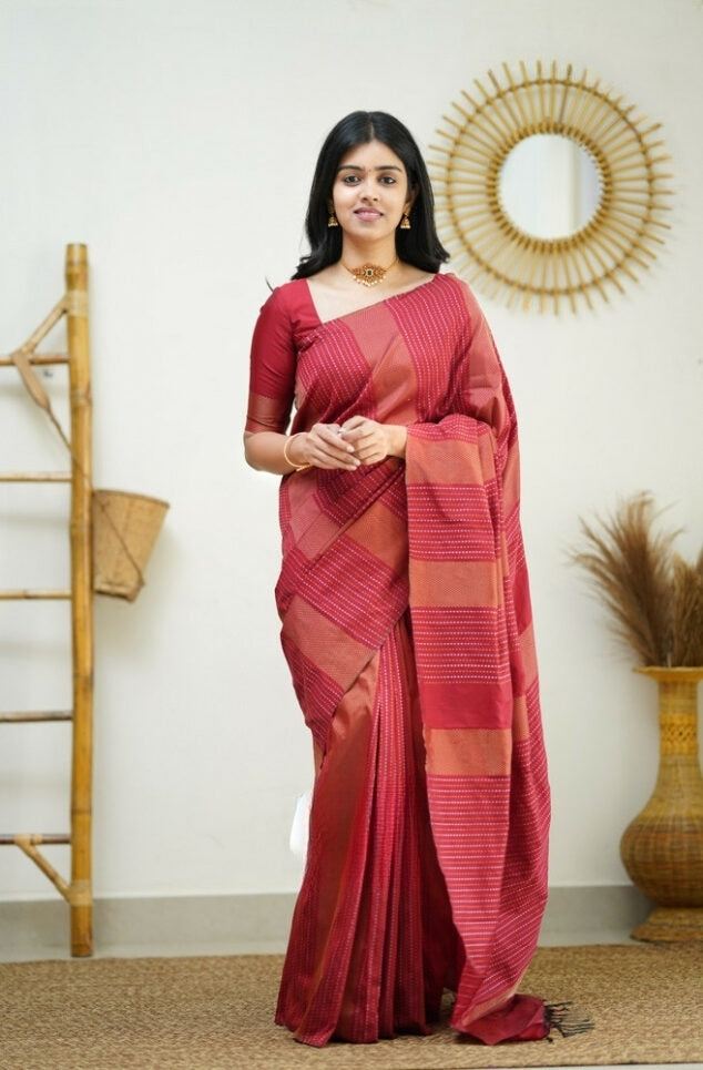 Women's Rani Pink Linen Silk Saree with Woven Striped Design & Designer Tassel Pallu