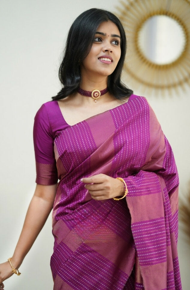 Women's Magenta Pink Linen Silk Saree with Woven Striped Design & Designer Tassel Pallu