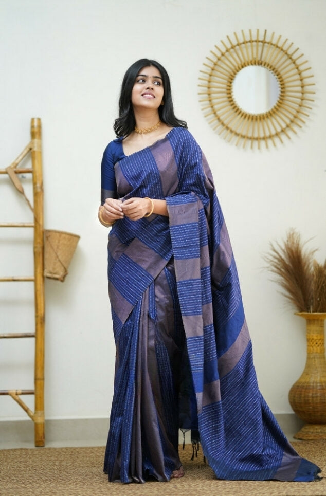 Women's Royal Blue Linen Silk Saree with Woven Striped Design & Designer Tassel Pallu