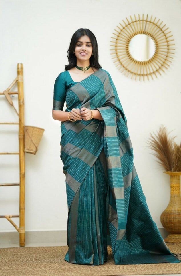 Women's Teal Green Linen Silk Saree with Woven Striped Design & Designer Tassel Pallu