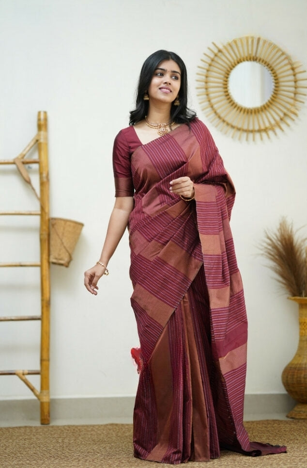 Women's Maroon Linen Silk Saree with Woven Striped Design & Designer Tassel Pallu
