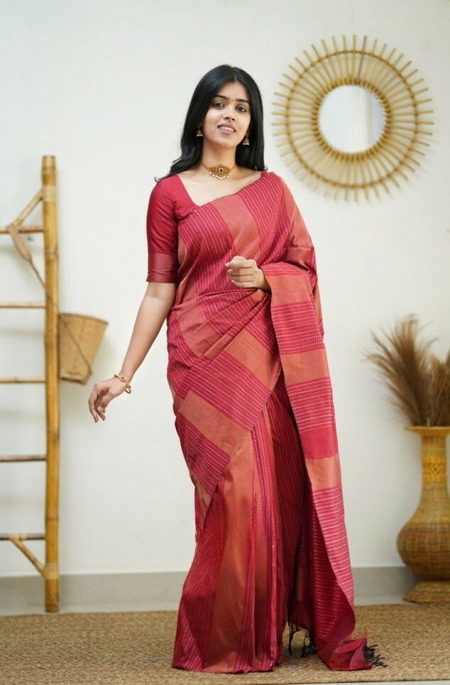 Women's Rani Pink Linen Silk Saree with Woven Striped Design & Designer Tassel Pallu