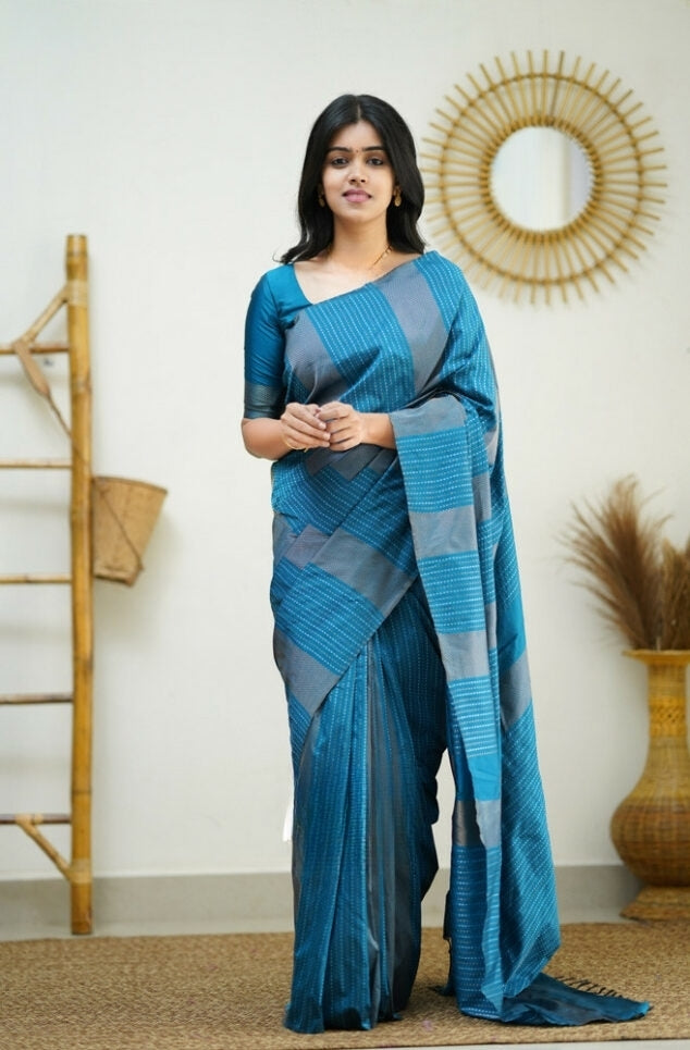 Women's Ocean Blue Linen Silk Saree with Woven Striped Design & Designer Tassel Pallu