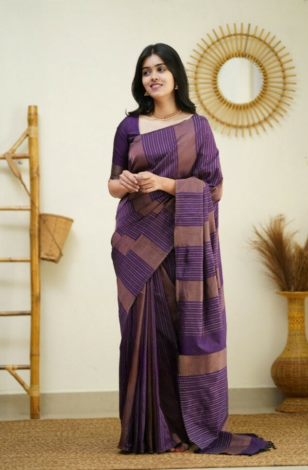 Women's Deep Purple Linen Silk Saree with Woven Striped Design & Designer Tassel Pallu