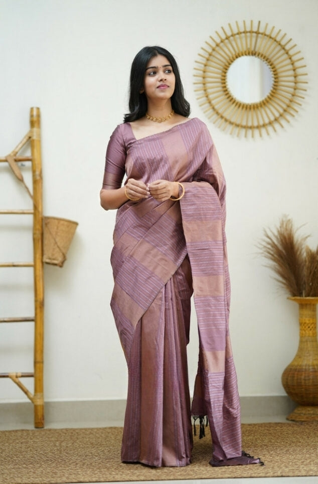 Women's Mauve Pink Linen Silk Saree with Woven Striped Design & Elegant Tassel Pallu