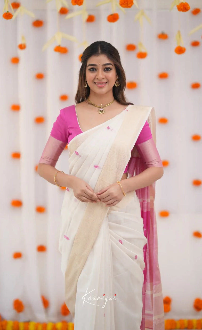 Women's White & Pink Border Saree