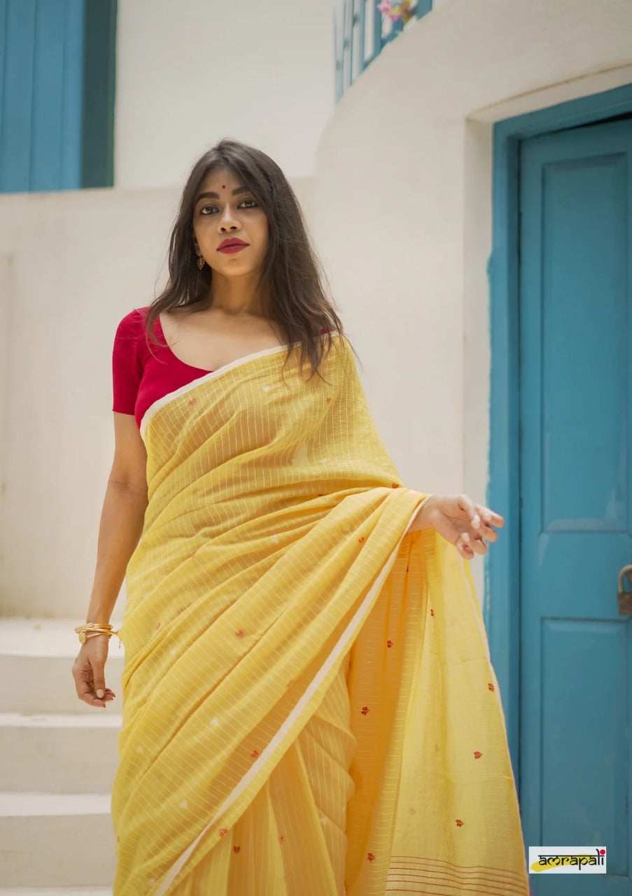 Women's Elegant Yellow Striped Saree with Contrast Red Blouse