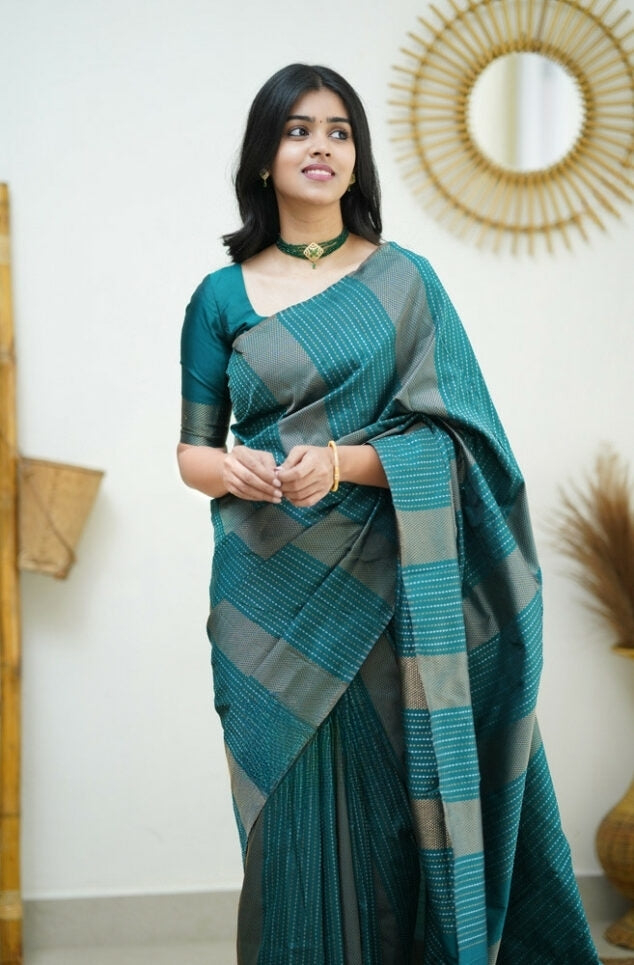 Women's Teal Green Linen Silk Saree with Woven Striped Design & Designer Tassel Pallu