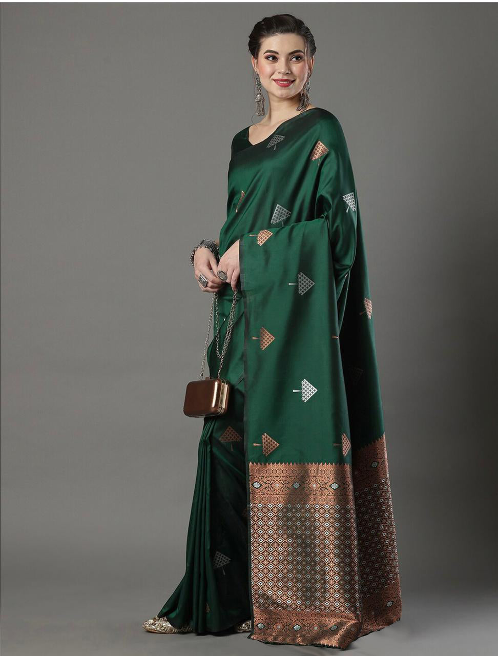 Royal Bottle Green Saree with Elegant Zari Motifs & Rich Woven Border
