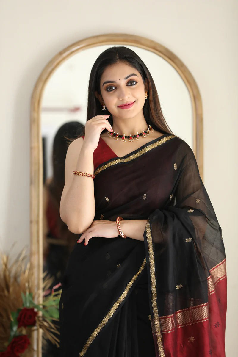 Artistic Black Cotton Silk Saree With Marvellous Blouse Piece