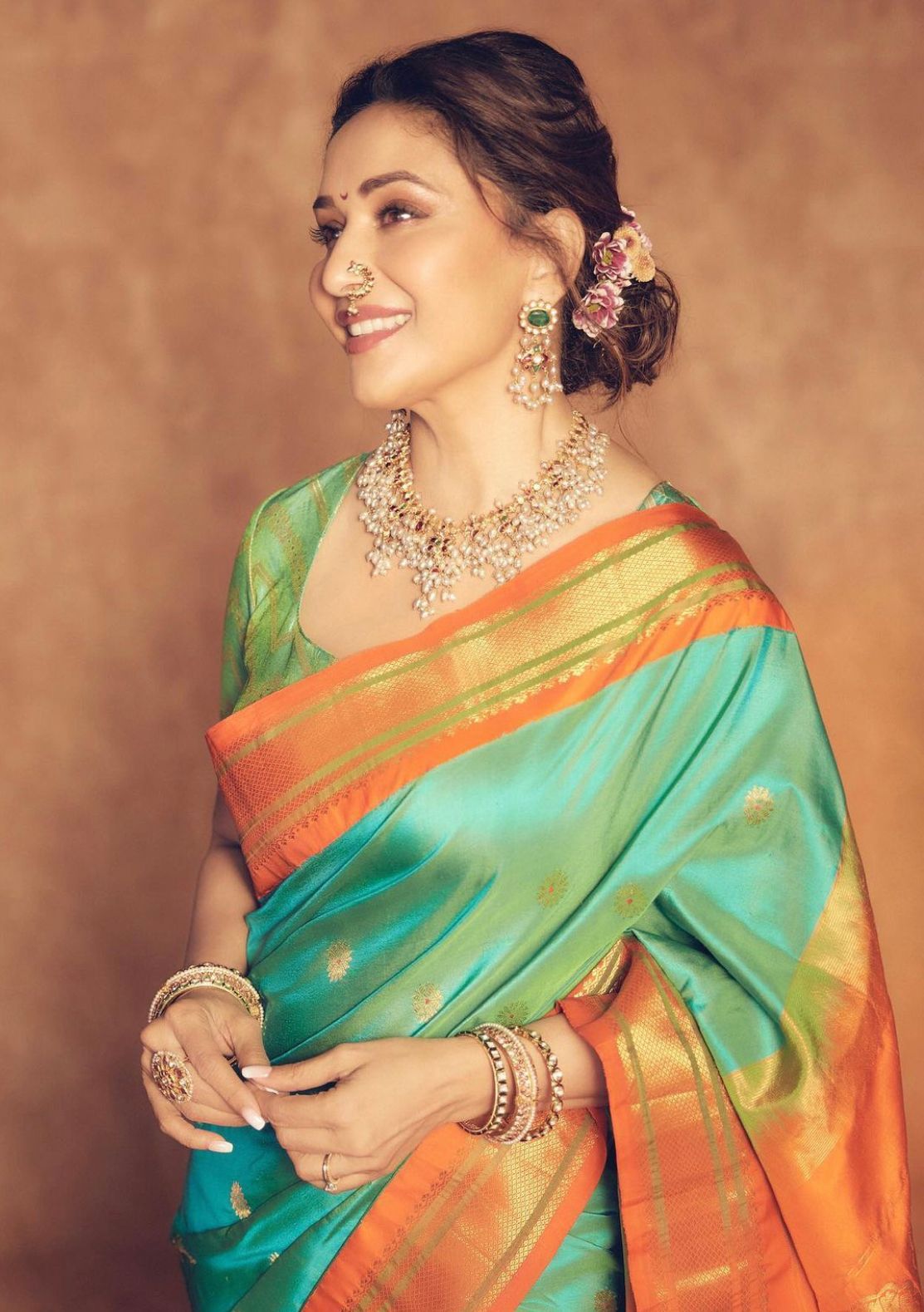 Aqua Green Kanjivaram Silk Saree with Orange Contrast Zari Border