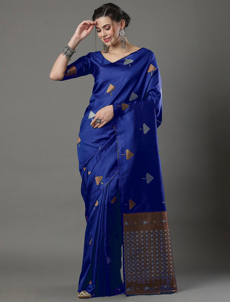Royal Blue Silk Saree with Elegant Zari Motifs & Rich Woven Border